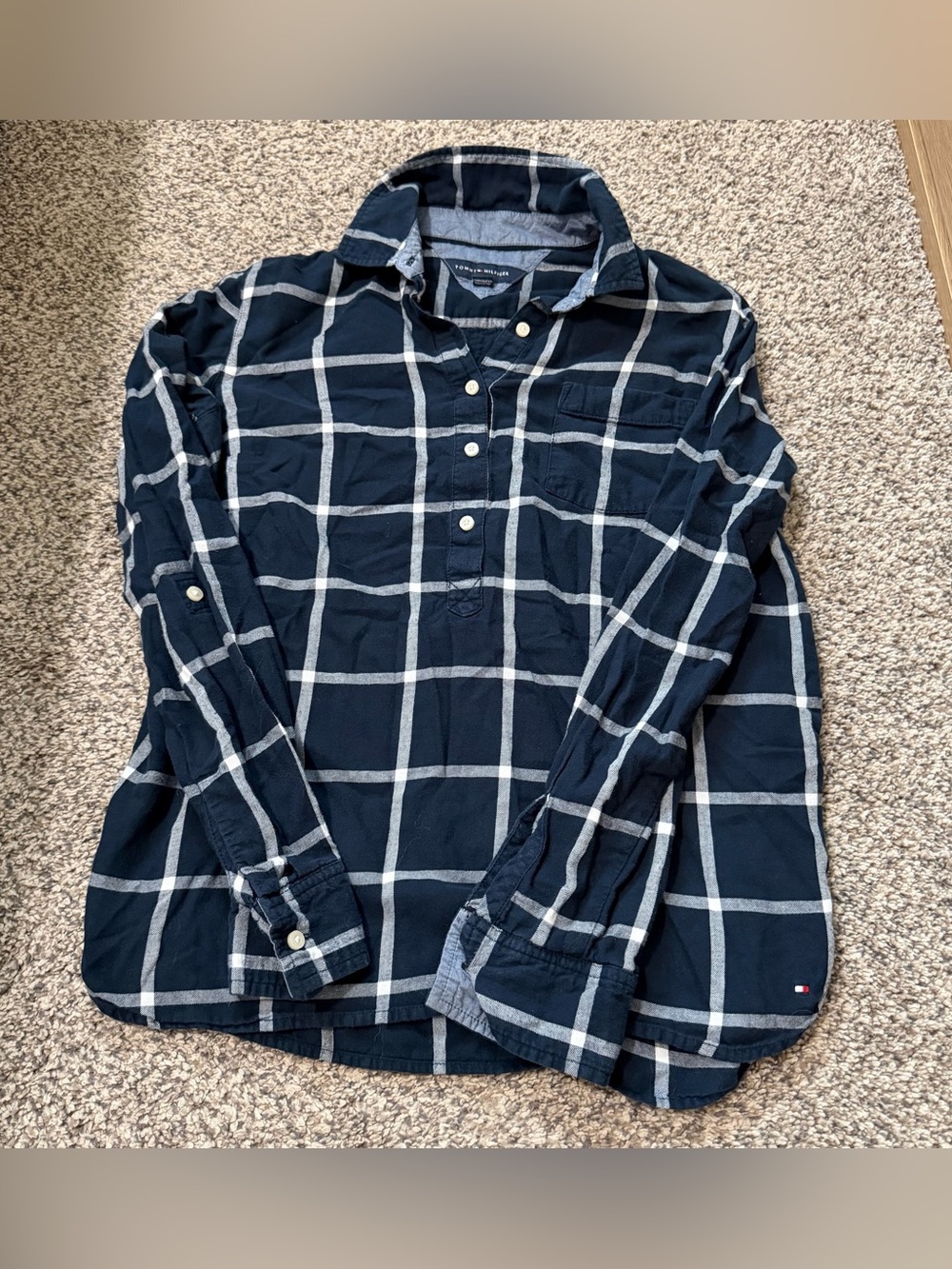Women’s Tommy Hilfiger Navy and White Windowpane Plaid Quarter Button-Down Shirt
